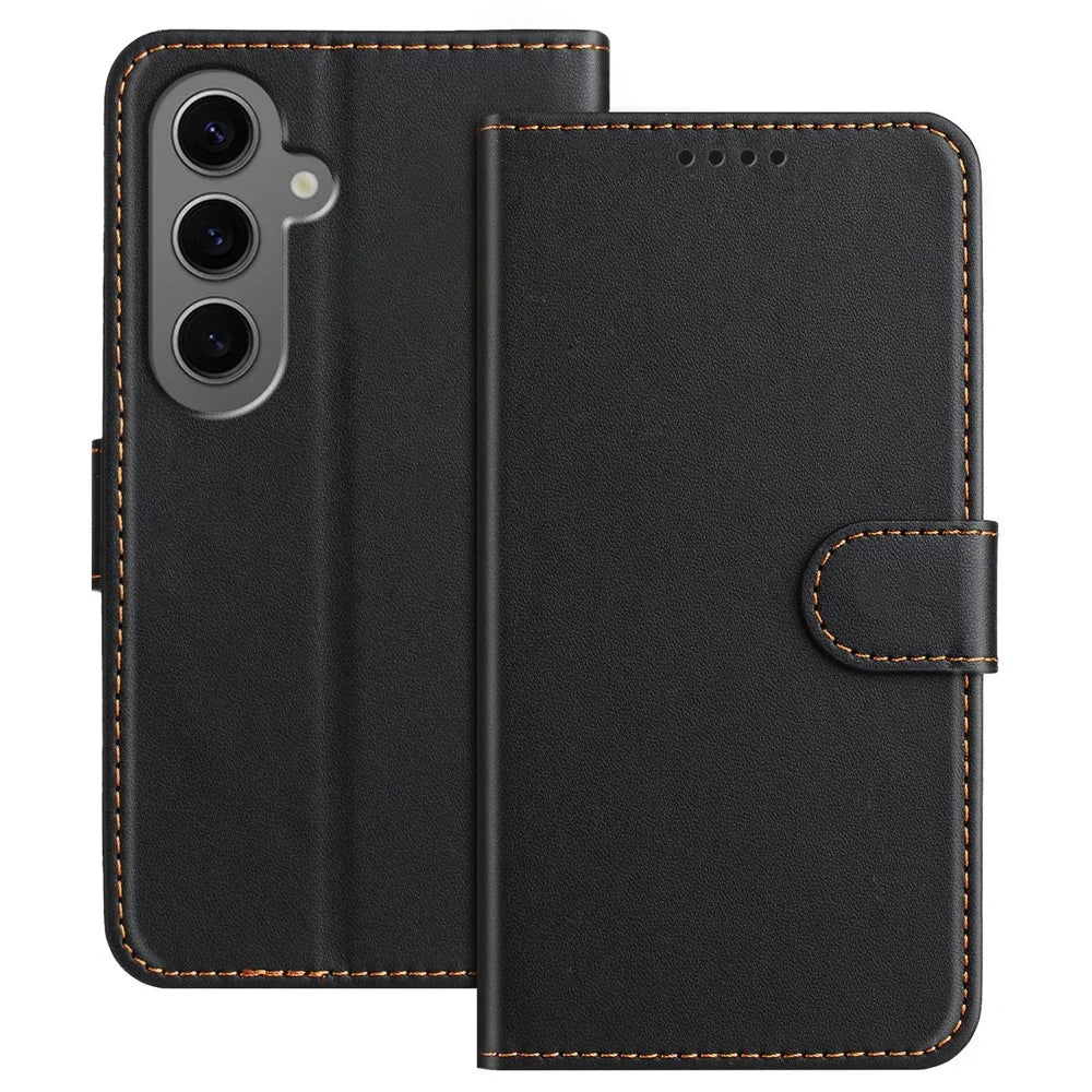 For Samsung Galaxy S24+ Leather Case Wallet Stand Solid Color Anti Drop Phone Cover - Black - 1