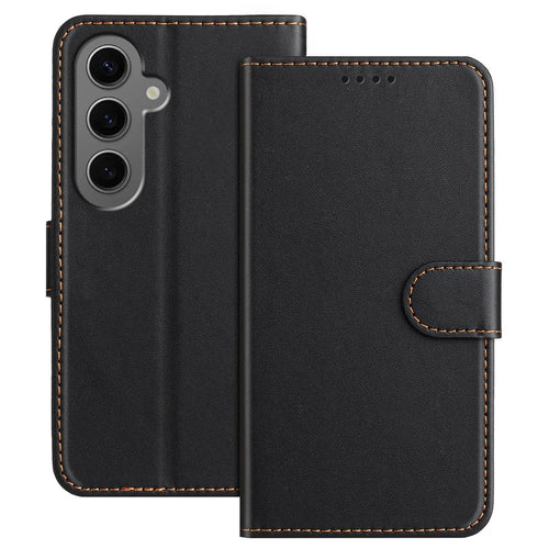 For Samsung Galaxy S24+ Leather Case Wallet Stand Solid Color Anti Drop Phone Cover - Black - 1