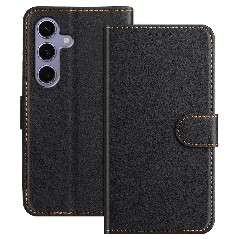 For Samsung Galaxy S24 FE Leather Case Wallet Stand Solid Color Anti Drop Phone Cover - Black - 1