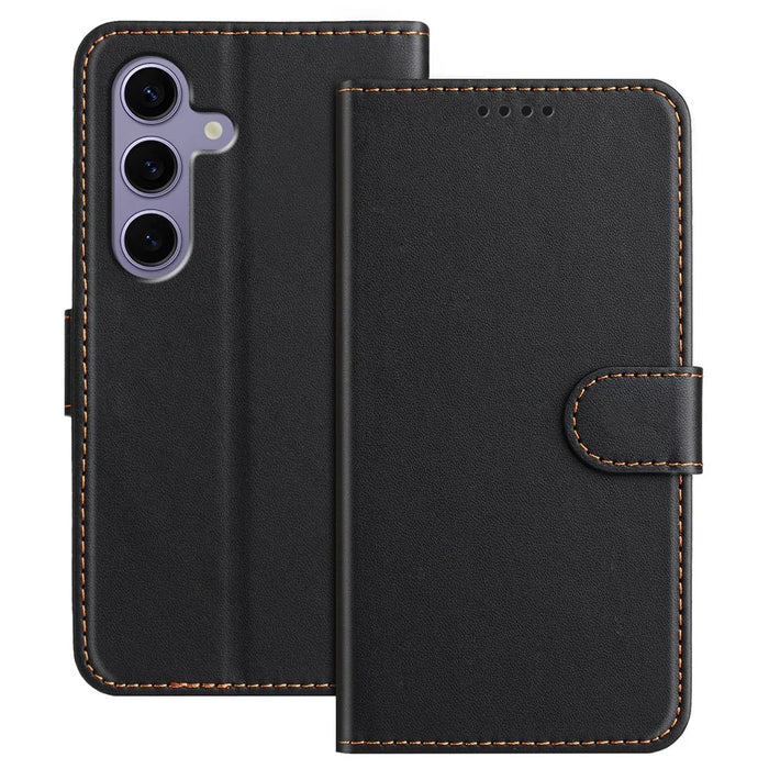 For Samsung Galaxy S24 FE Leather Case Wallet Stand Solid Color Anti Drop Phone Cover - Black - 1