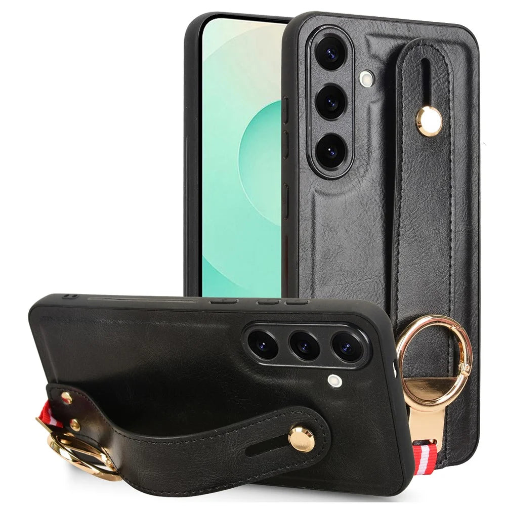 For Samsung Galaxy S25+ Case Wristband Kickstand Leather + PC + TPU Phone Cover with Bottle Opener - Black - 1