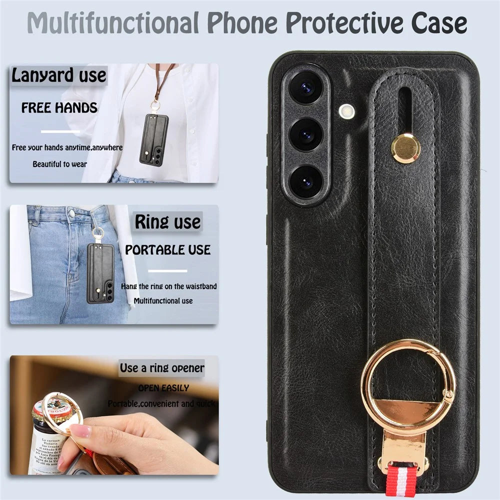 For Samsung Galaxy S25+ Case Wristband Kickstand Leather + PC + TPU Phone Cover with Bottle Opener - Black - 3