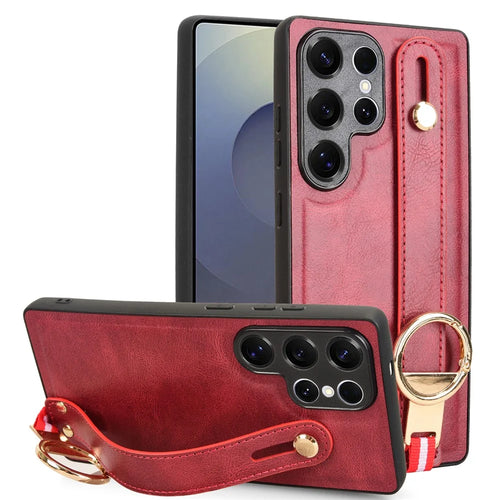 For Samsung Galaxy S25 Ultra Case Wristband Kickstand Leather + PC + TPU Phone Cover with Bottle Opener - Red - 1
