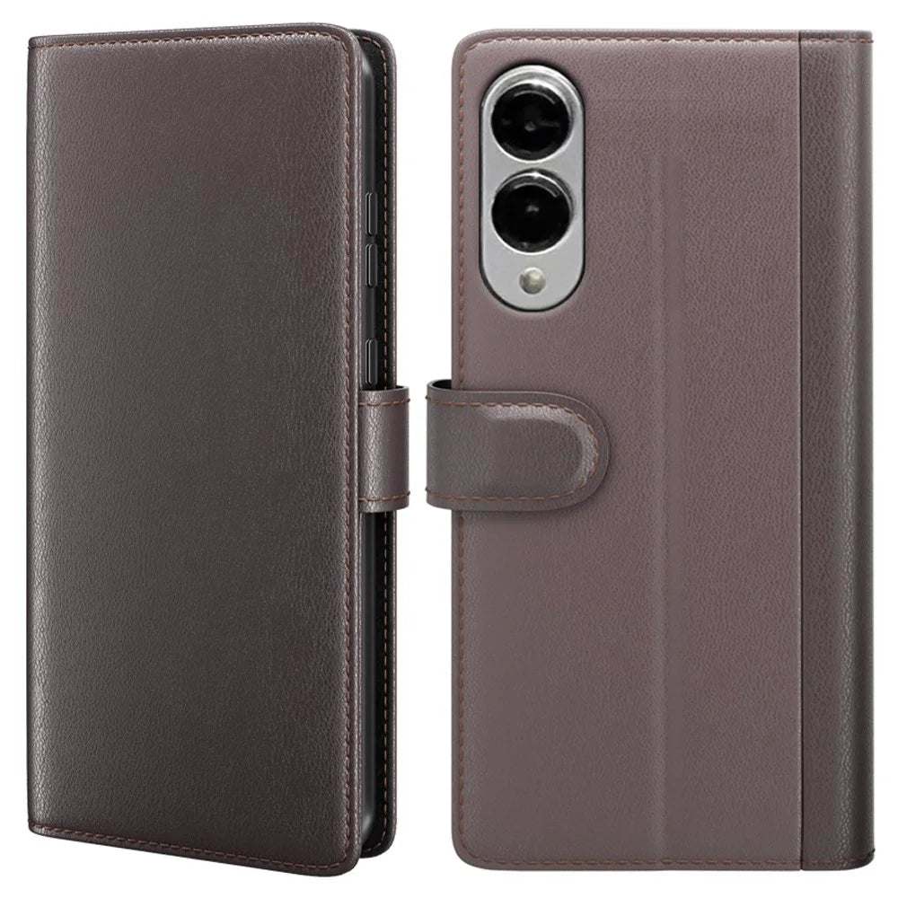 For Samsung Galaxy S25 Edge Case Genuine Split Leather Phone Cover with Wallet Stand - Brown - 1