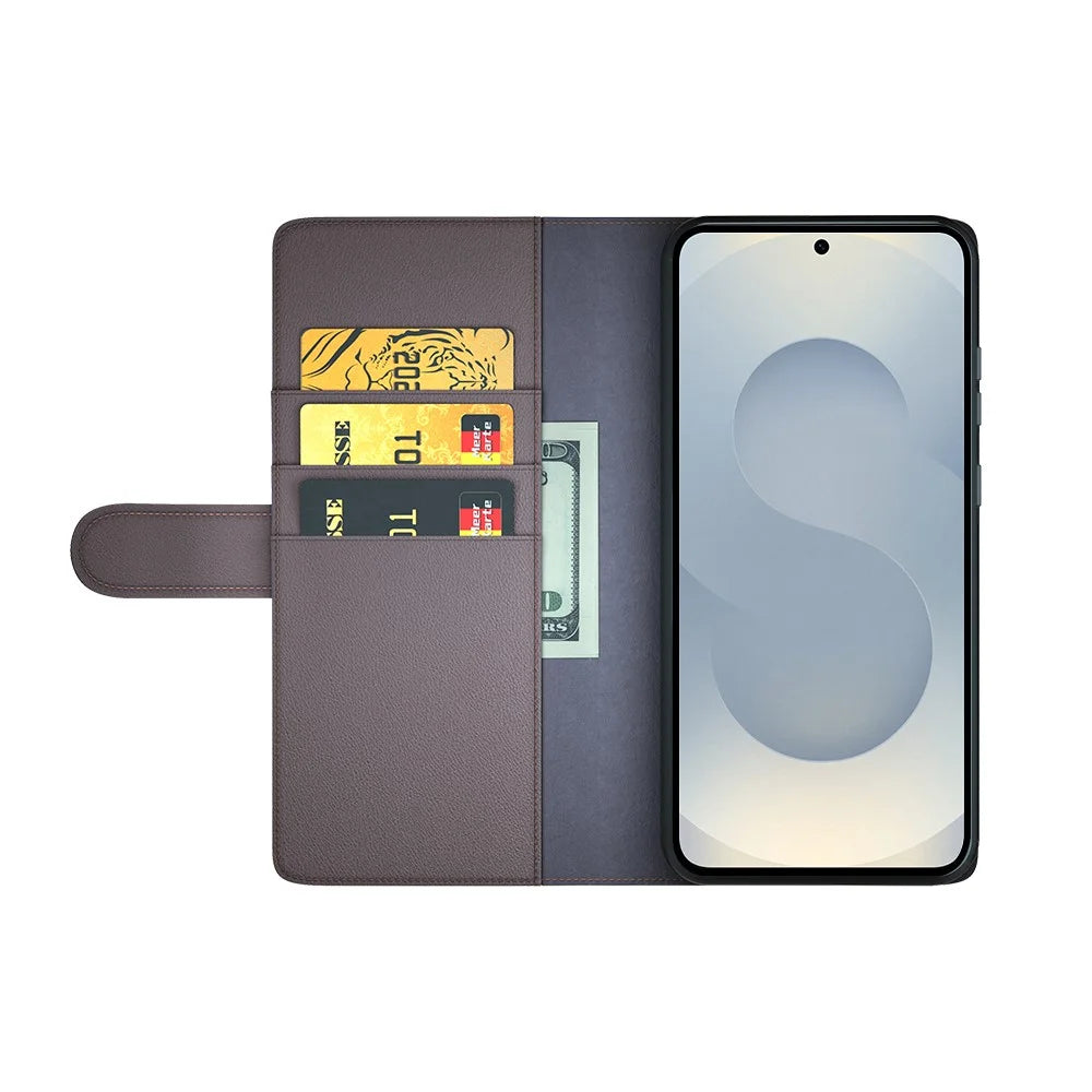 For Samsung Galaxy S25 Edge Case Genuine Split Leather Phone Cover with Wallet Stand - Brown - 2