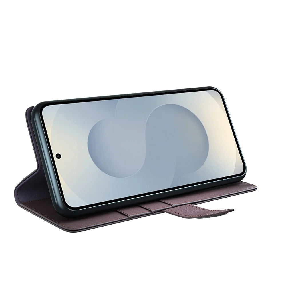 For Samsung Galaxy S25 Edge Case Genuine Split Leather Phone Cover with Wallet Stand - Brown - 3