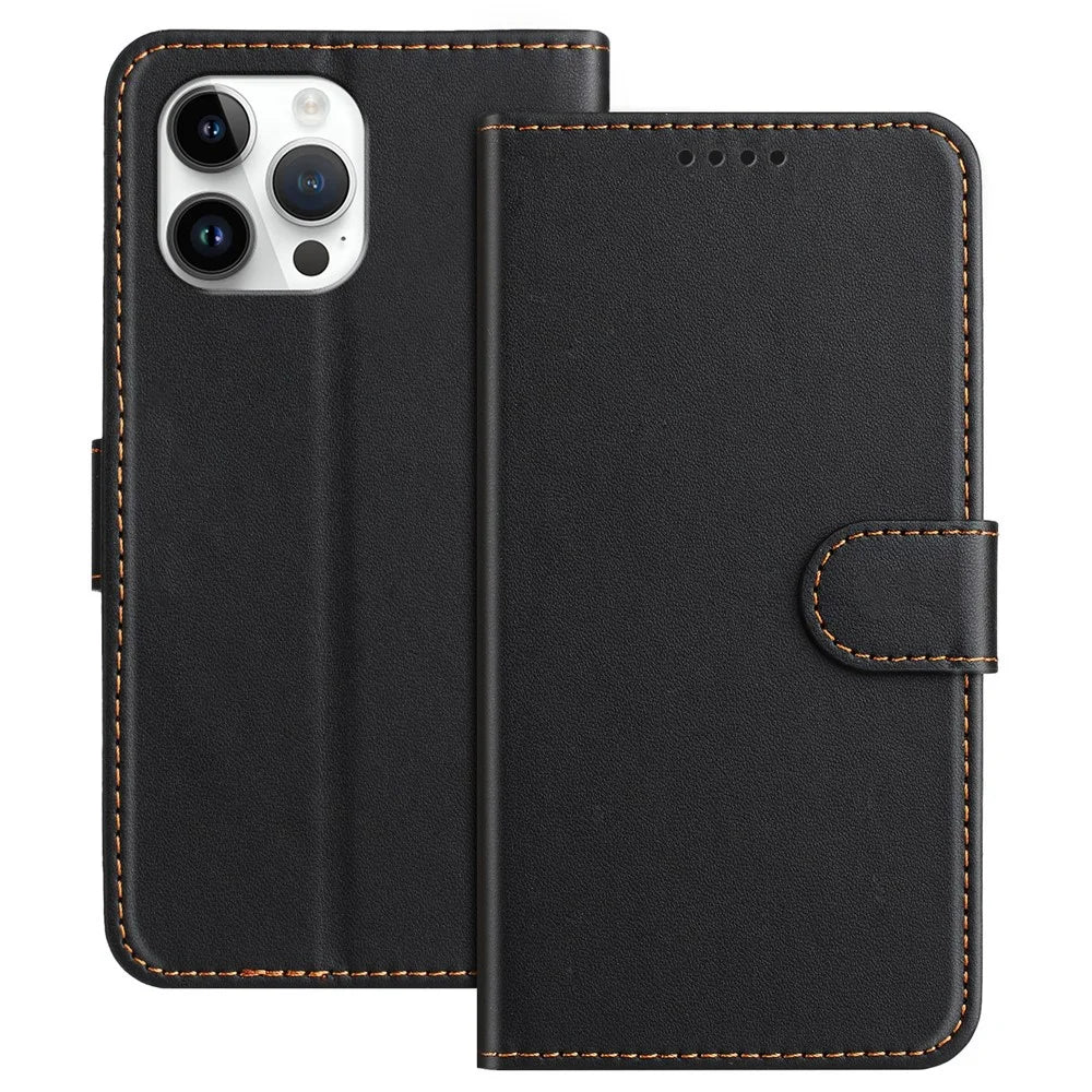 For iPhone 13 Pro Max 6.7 inch Leather Case Wallet Stand Solid Color Anti Drop Phone Cover - Black - 1