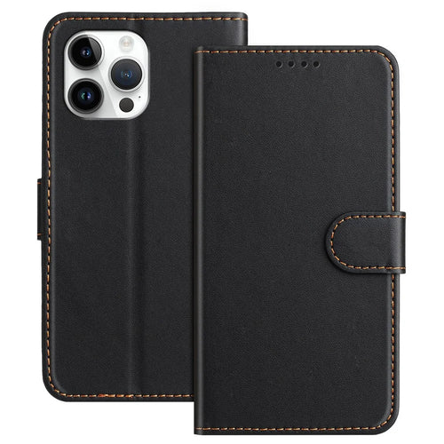 For iPhone 13 Pro Max 6.7 inch Leather Case Wallet Stand Solid Color Anti Drop Phone Cover - Black - 1