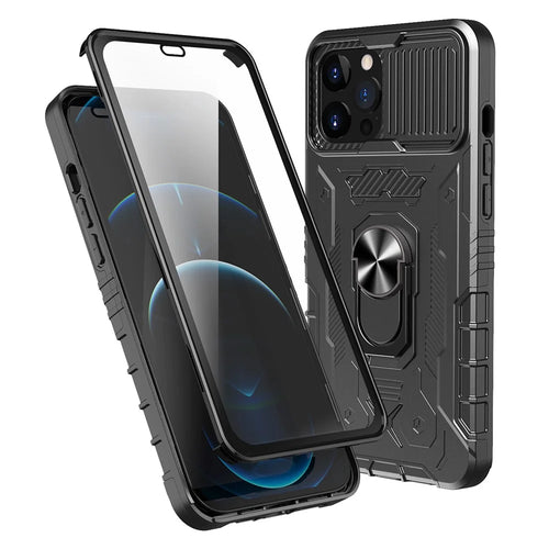 Slide Camera Protection Kickstand Case for iPhone 14 Pro, Tempered Glass Film Full Coverage PC + TPU Shockproof Phone Cover - Black - 1