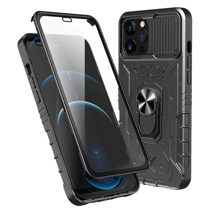 Slide Camera Protection Kickstand Case for iPhone 14 Pro, Tempered Glass Film Full Coverage PC + TPU Shockproof Phone Cover - Black - 1