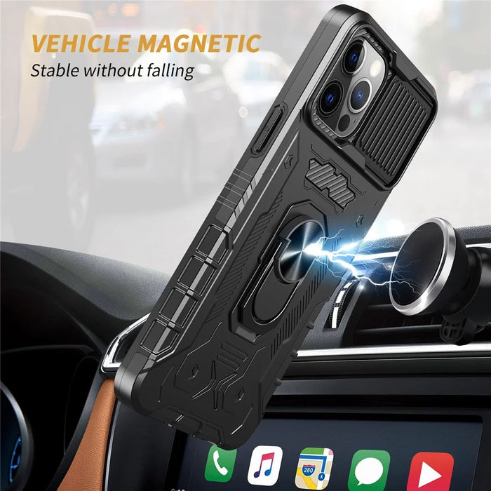 Slide Camera Protection Kickstand Case for iPhone 14 Pro, Tempered Glass Film Full Coverage PC + TPU Shockproof Phone Cover - Black - 4