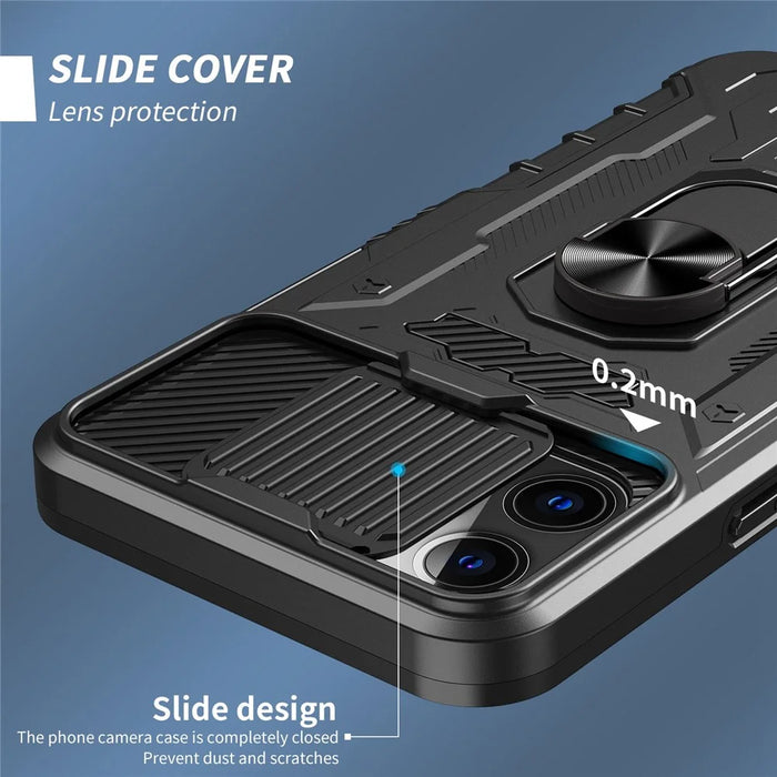 Slide Camera Protection Kickstand Case for iPhone 14 Pro, Tempered Glass Film Full Coverage PC + TPU Shockproof Phone Cover - Black - 5