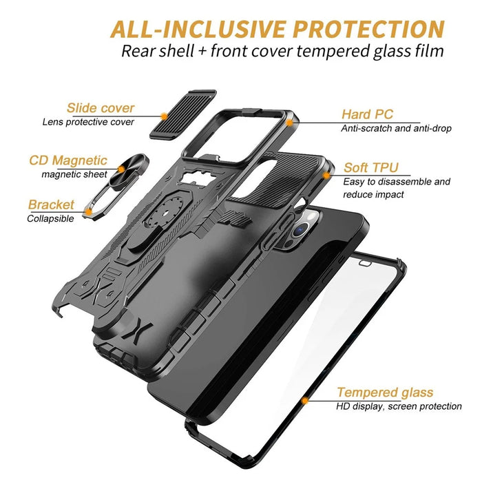 Slide Camera Protection Kickstand Case for iPhone 14 Pro, Tempered Glass Film Full Coverage PC + TPU Shockproof Phone Cover - Black - 7