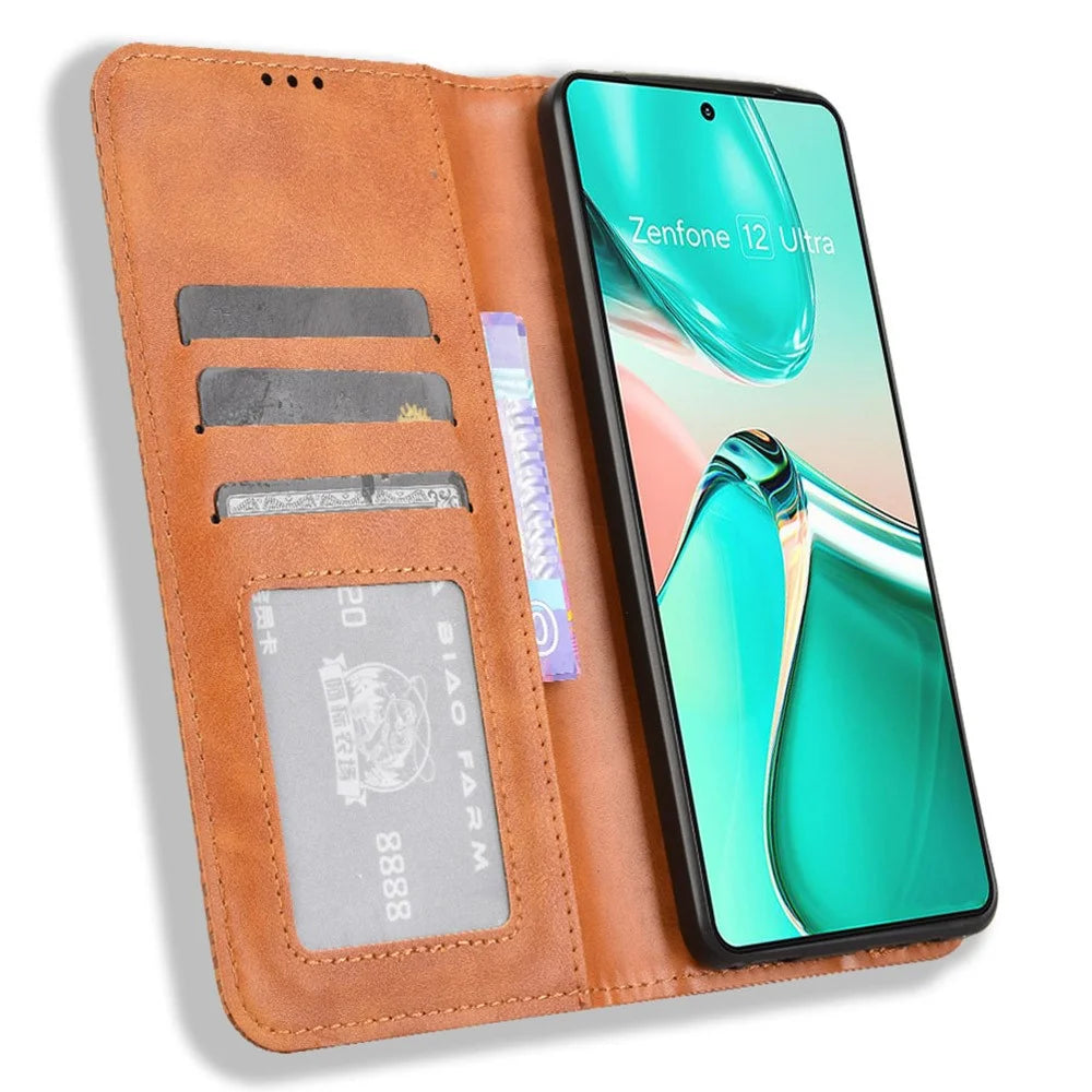 For Asus Zenfone 12 Ultra 5G Case Wallet Stand Retro Texture Leather Phone Cover - Brown - 2