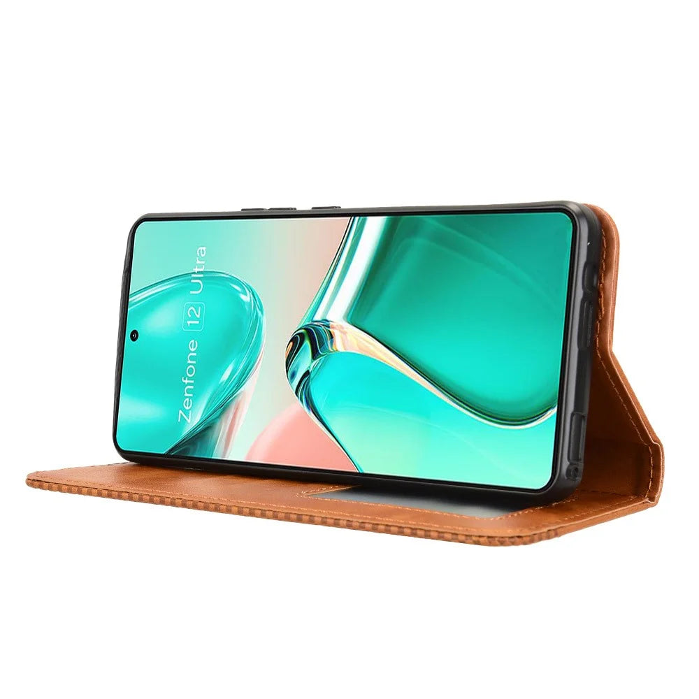 For Asus Zenfone 12 Ultra 5G Case Wallet Stand Retro Texture Leather Phone Cover - Brown - 3