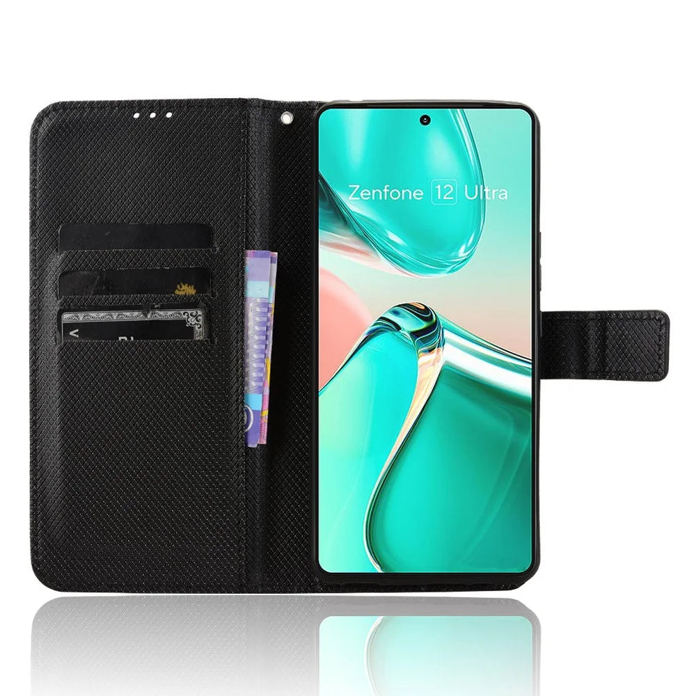 For Asus Zenfone 12 Ultra 5G Case PU Leather Diamond Texture Wallet Phone Cover - Black - 2