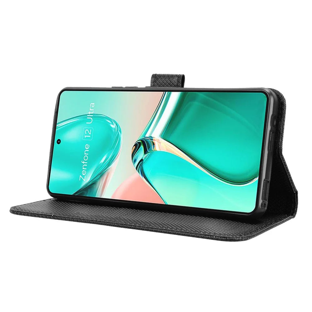 For Asus Zenfone 12 Ultra 5G Case PU Leather Diamond Texture Wallet Phone Cover - Black - 3