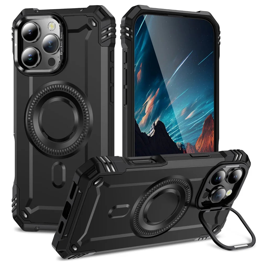 For iPhone 16 Pro Magnetic Case Lens Kickstand PC + TPU Shockproof Phone Cover - Black - 1