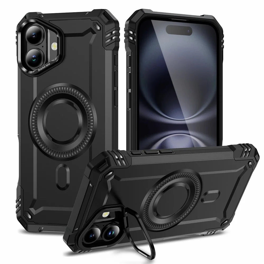 For iPhone 16 Plus Magnetic Case Lens Kickstand PC + TPU Shockproof Phone Cover - Black - 1