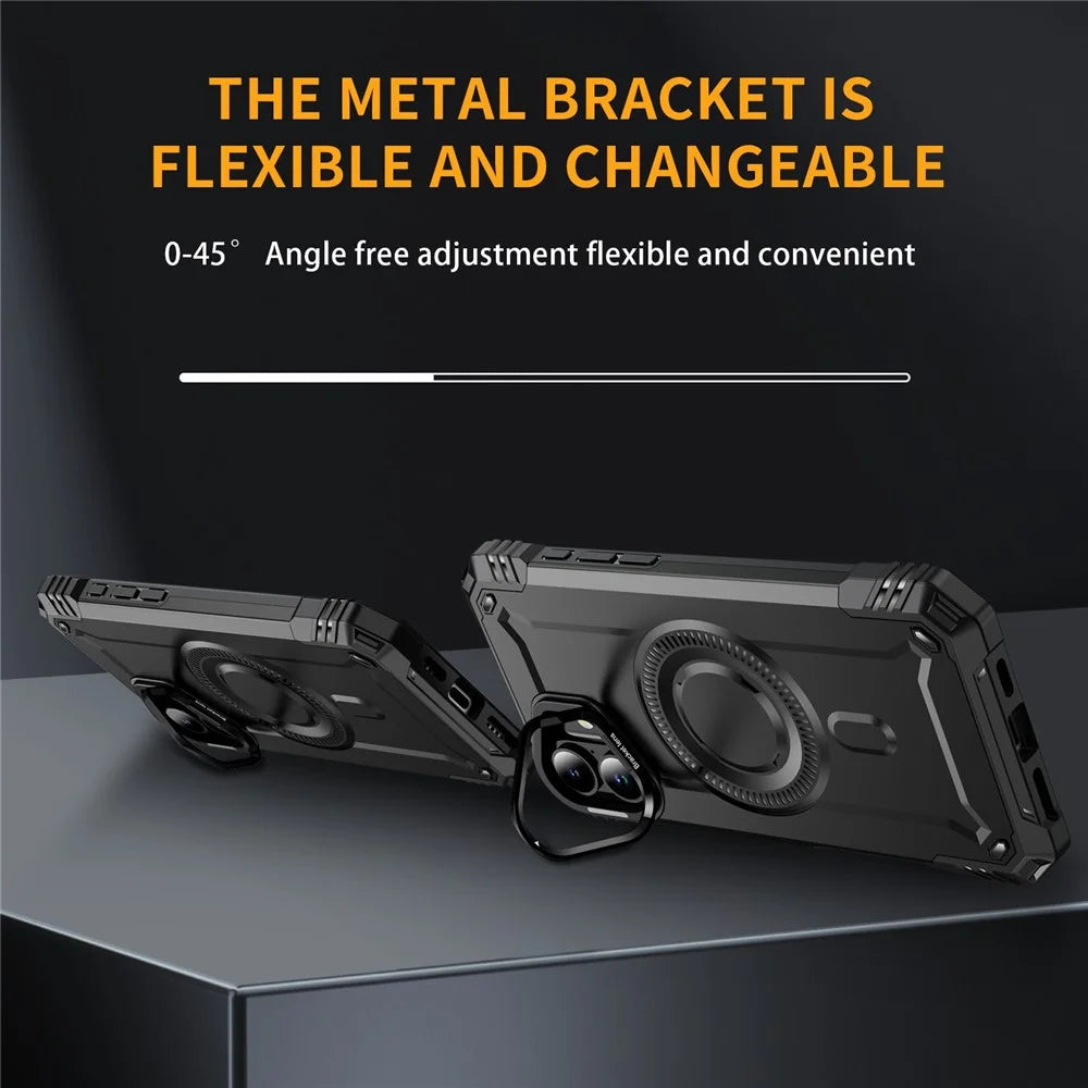 For iPhone 16 Plus Magnetic Case Lens Kickstand PC + TPU Shockproof Phone Cover - Black - 4