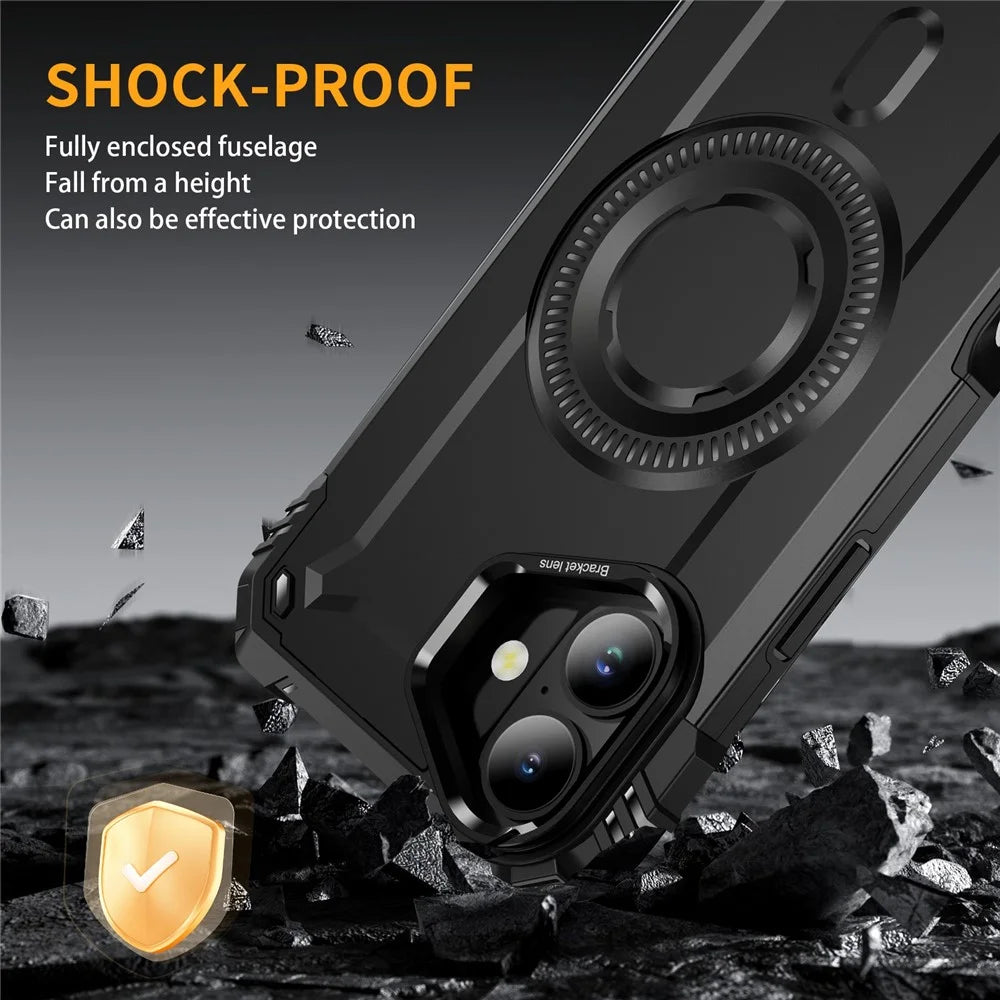 For iPhone 16 Plus Magnetic Case Lens Kickstand PC + TPU Shockproof Phone Cover - Black - 5