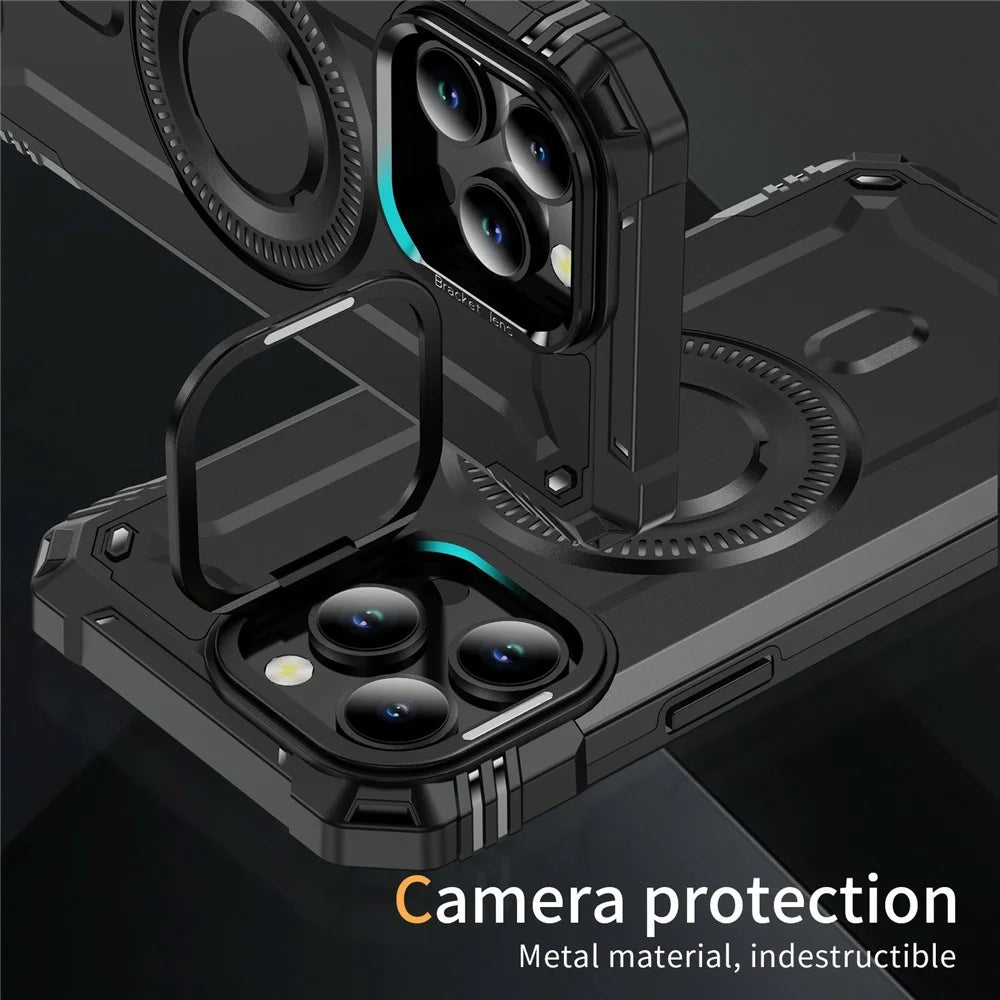 For iPhone 15 Pro Max Magnetic Case Lens Kickstand PC + TPU Shockproof Phone Cover - Black - 5