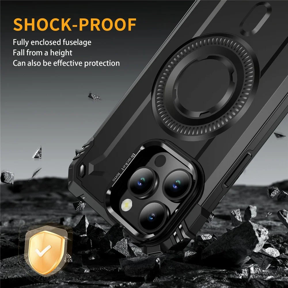 For iPhone 15 Pro Magnetic Case Lens Kickstand PC + TPU Shockproof Phone Cover - Black - 6
