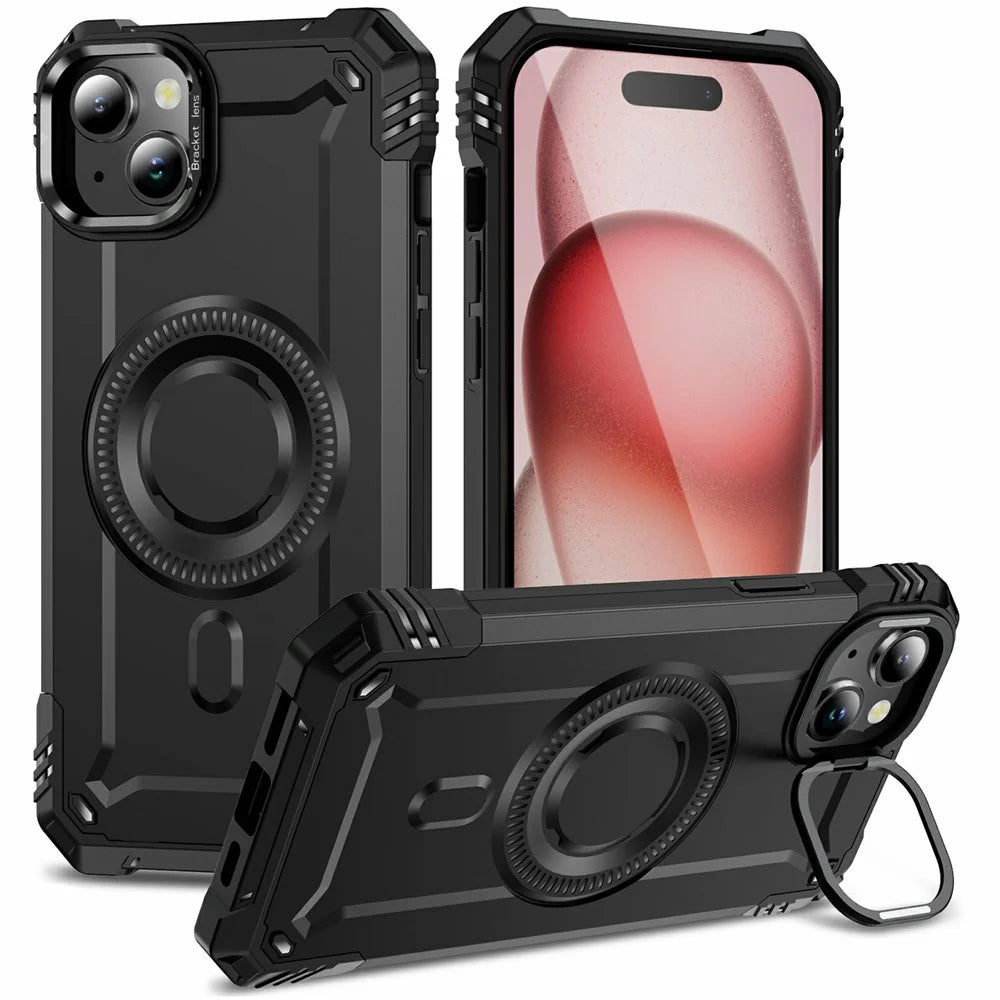 For iPhone 15 Magnetic Case Lens Kickstand PC + TPU Shockproof Phone Cover - Black - 1
