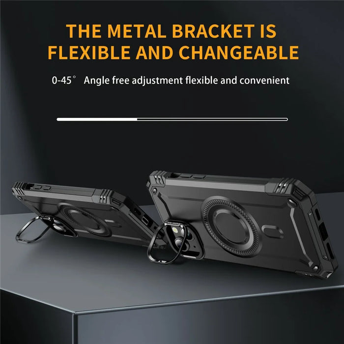 For iPhone 15 Magnetic Case Lens Kickstand PC + TPU Shockproof Phone Cover - Black - 3