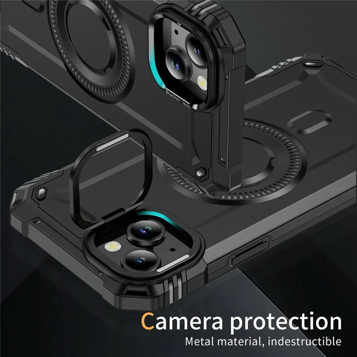 For iPhone 15 Magnetic Case Lens Kickstand PC + TPU Shockproof Phone Cover - Black - 5