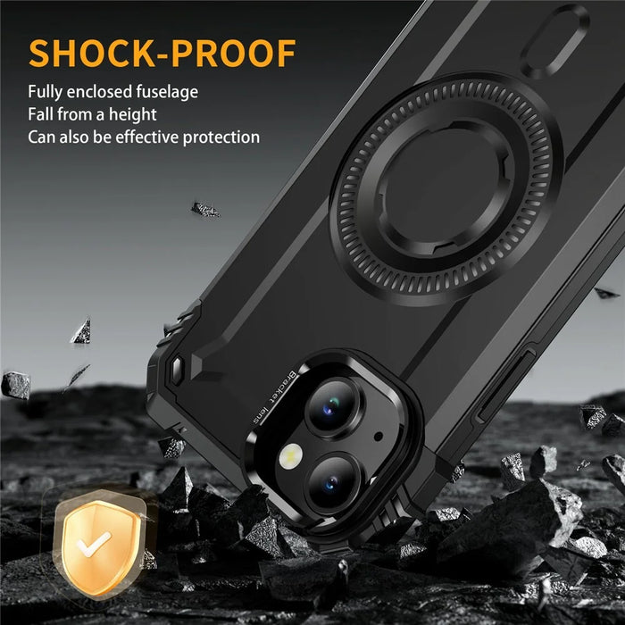 For iPhone 15 Magnetic Case Lens Kickstand PC + TPU Shockproof Phone Cover - Black - 6