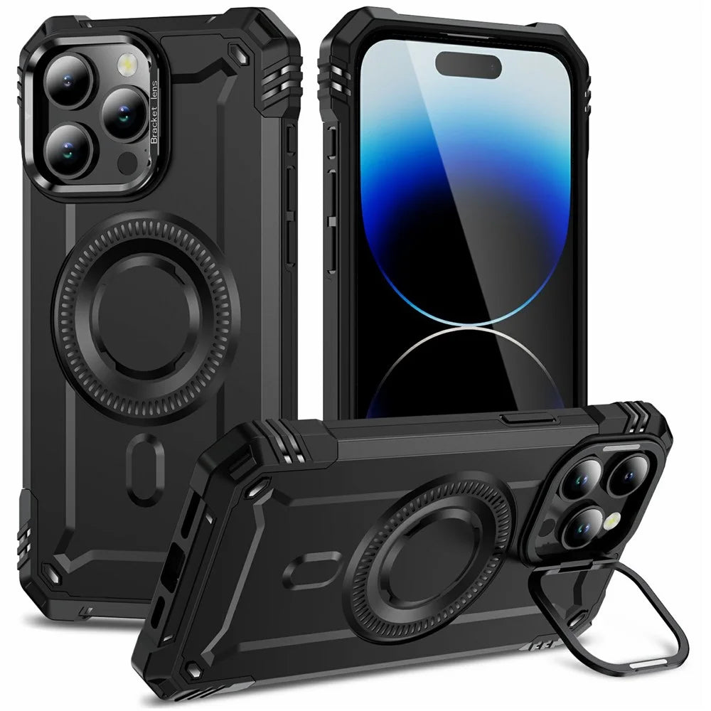 For iPhone 14 Pro Magnetic Case Lens Kickstand PC + TPU Shockproof Phone Cover - Black - 1