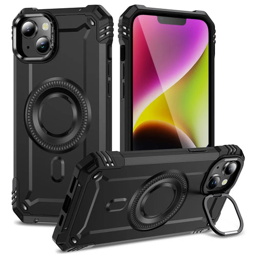 For iPhone 14 Magnetic Case Lens Kickstand PC + TPU Shockproof Phone Cover - Black - 1