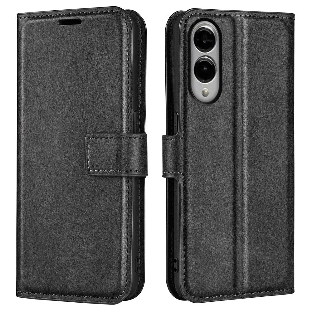 For Samsung Galaxy S25 Edge Stand Case Anti-Scratch Calf Texture Leather Phone Cover - Black - 1