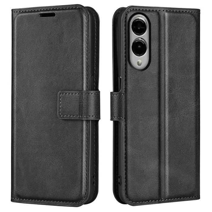 For Samsung Galaxy S25 Edge Stand Case Anti-Scratch Calf Texture Leather Phone Cover - Black - 1