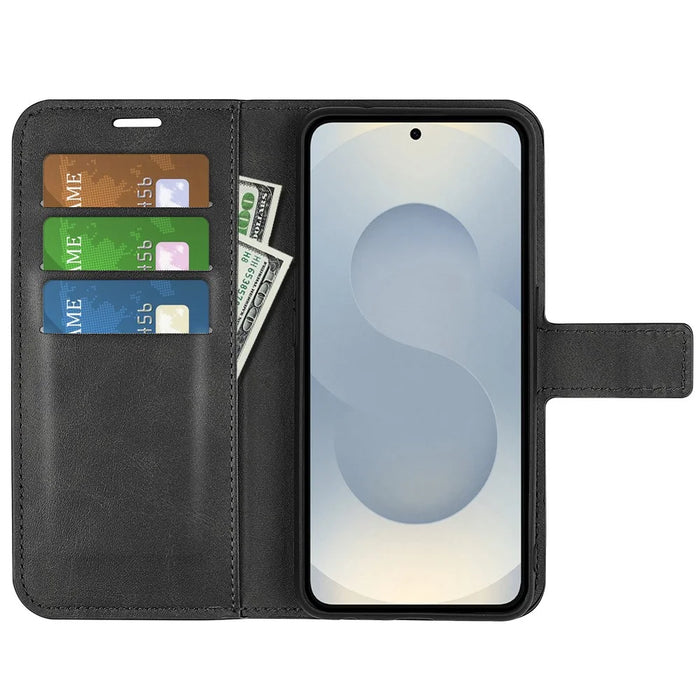 For Samsung Galaxy S25 Edge Stand Case Anti-Scratch Calf Texture Leather Phone Cover - Black - 2