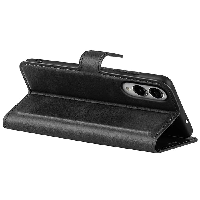 For Samsung Galaxy S25 Edge Stand Case Anti-Scratch Calf Texture Leather Phone Cover - Black - 4