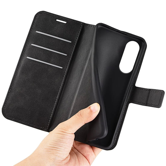 For Samsung Galaxy S25 Edge Stand Case Anti-Scratch Calf Texture Leather Phone Cover - Black - 5