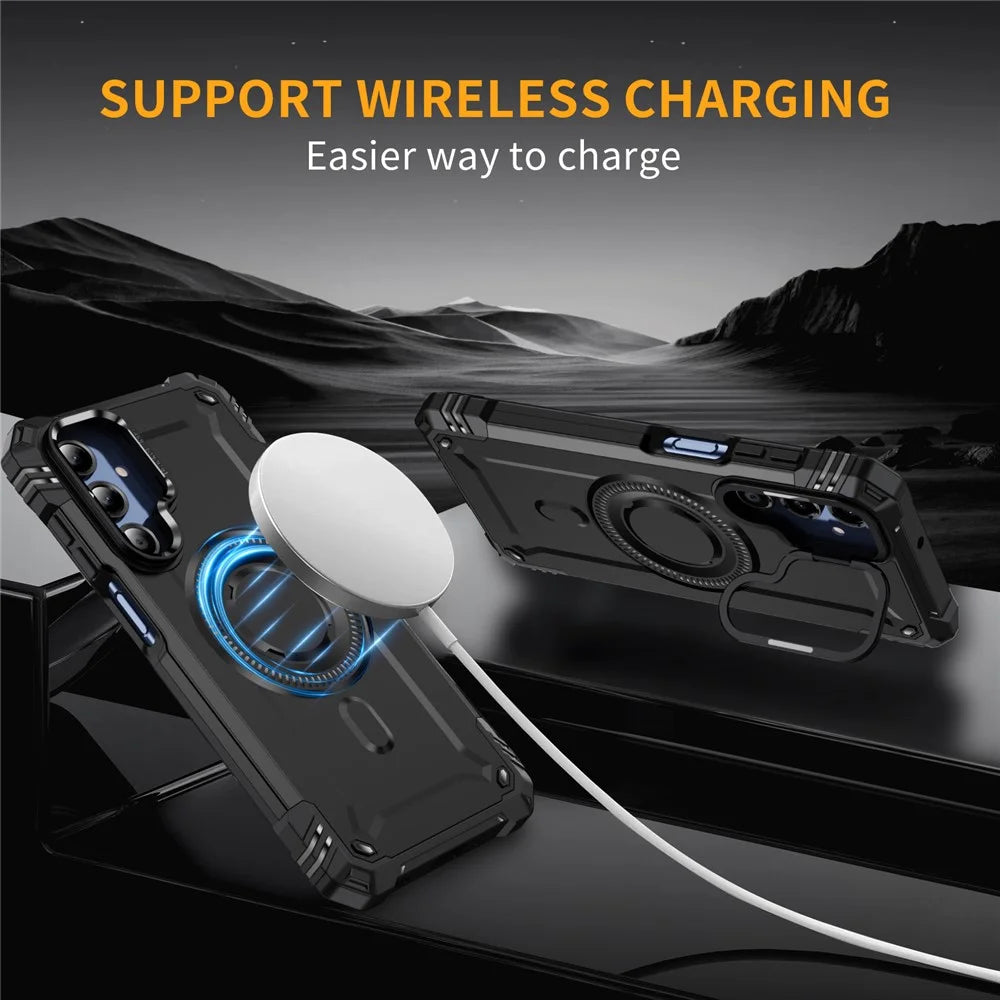 For Samsung Galaxy A16 4G / 5G Magnetic Case Lens Kickstand PC + TPU Shockproof Phone Cover - Black - 6