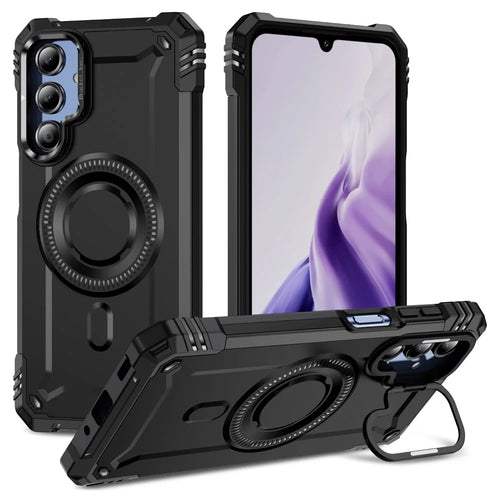 For Samsung Galaxy A26 5G Magnetic Case Lens Kickstand PC + TPU Shockproof Phone Cover - Black - 1