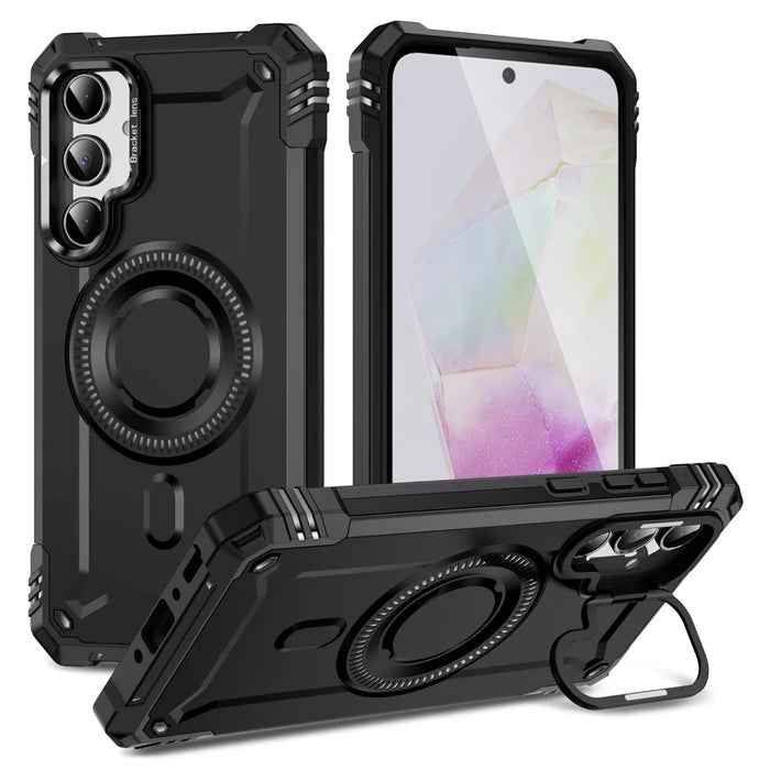 For Samsung Galaxy A36 5G Magnetic Case Lens Kickstand PC + TPU Shockproof Phone Cover - Black - 1