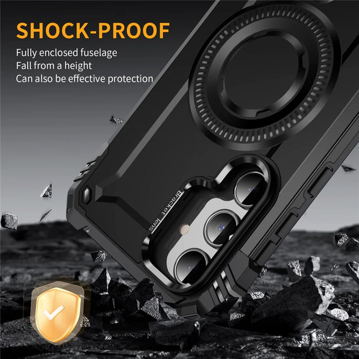 For Samsung Galaxy A36 5G Magnetic Case Lens Kickstand PC + TPU Shockproof Phone Cover - Black - 4