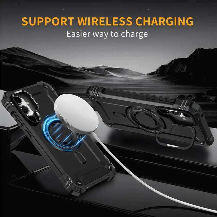 For Samsung Galaxy A36 5G Magnetic Case Lens Kickstand PC + TPU Shockproof Phone Cover - Black - 6