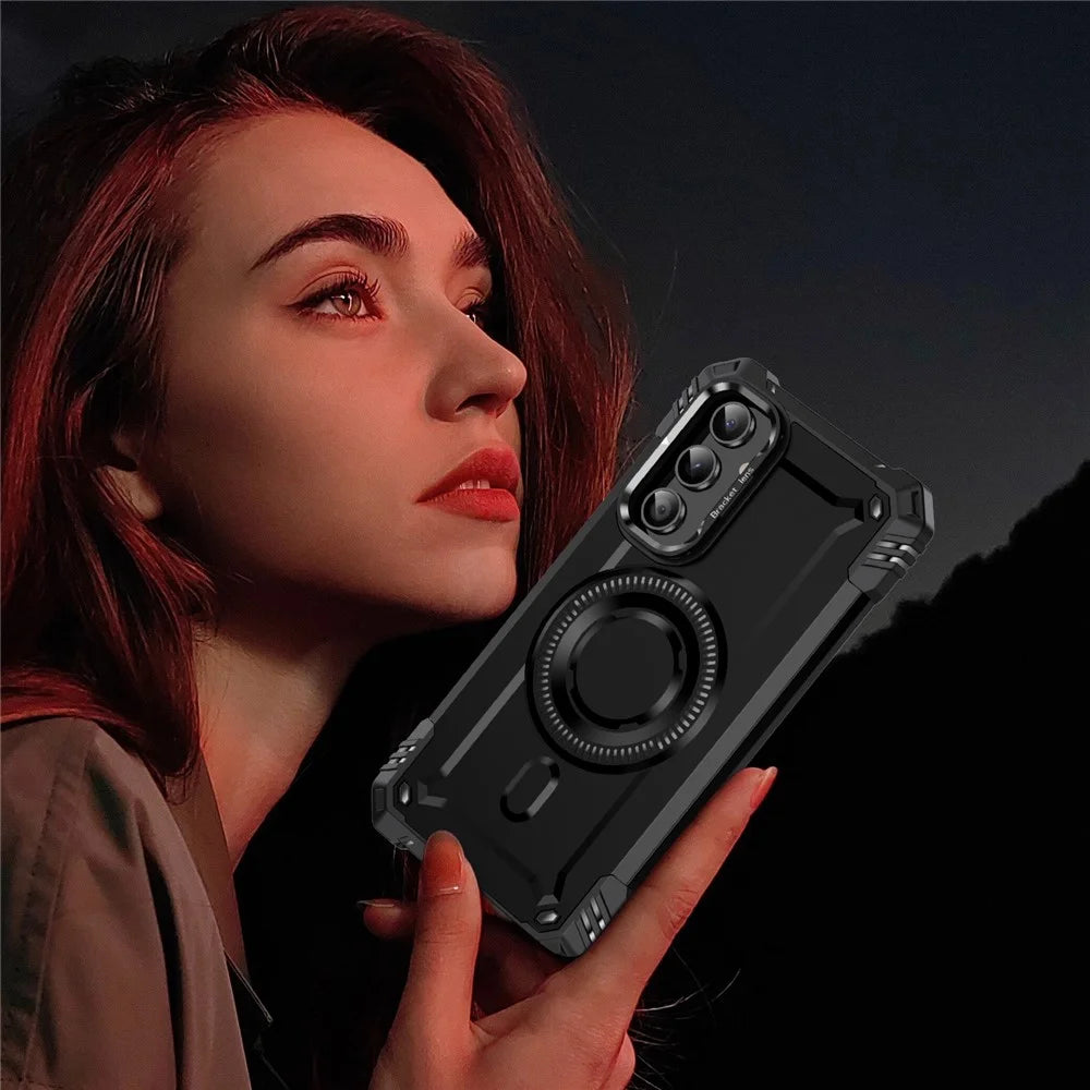 For Samsung Galaxy A56 5G Magnetic Case Lens Kickstand PC + TPU Shockproof Phone Cover - Black - 5