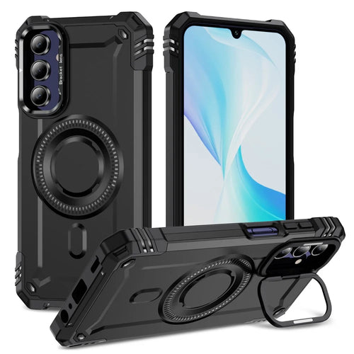 For Samsung Galaxy A15 4G / 5G Magnetic Case Lens Kickstand PC + TPU Shockproof Phone Cover - Black - 1