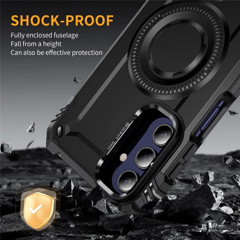 For Samsung Galaxy A15 4G / 5G Magnetic Case Lens Kickstand PC + TPU Shockproof Phone Cover - Black - 5