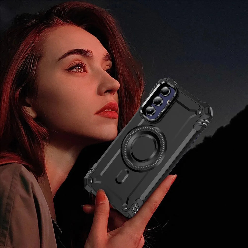 For Samsung Galaxy A15 4G / 5G Magnetic Case Lens Kickstand PC + TPU Shockproof Phone Cover - Black - 6