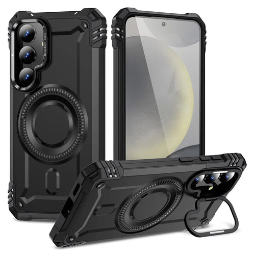 For Samsung Galaxy S25 Magnetic Case Lens Kickstand PC + TPU Shockproof Phone Cover - Black - 1