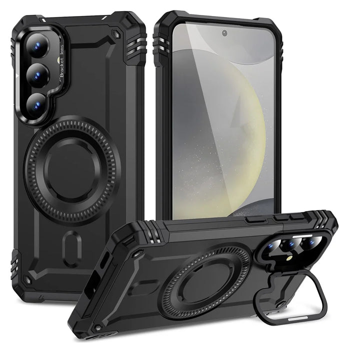 For Samsung Galaxy S25 Magnetic Case Lens Kickstand PC + TPU Shockproof Phone Cover - Black - 1