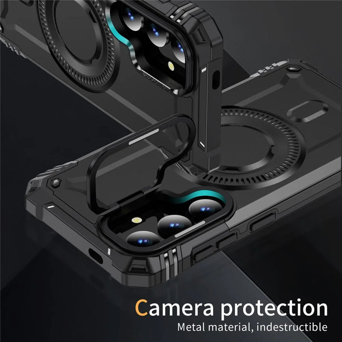 For Samsung Galaxy S25 Magnetic Case Lens Kickstand PC + TPU Shockproof Phone Cover - Black - 2